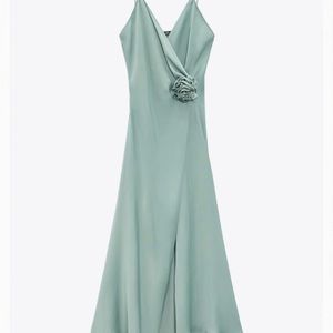 Brand new Zara see green satin camisole midi dress with flower, Small